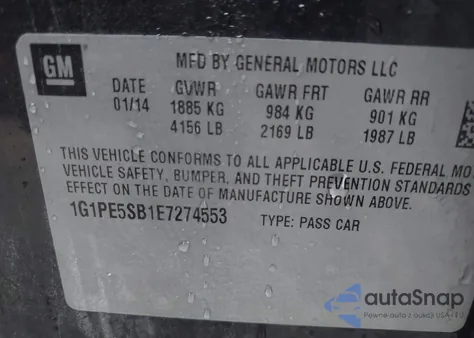 2014 Chevrolet Cruze 2Lt Auto из США, поврежденный, VIN 1G1PE5SB1E7274553